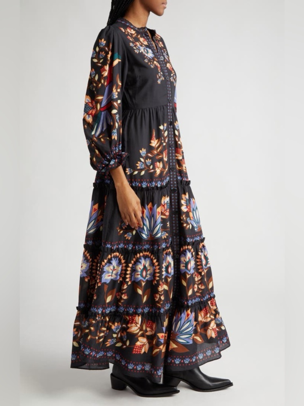 NEW FARM Rio Winter Garden Floral Print Tiered Puff Long Sleeve Maxi Dress Sz M - Picture 3 of 16